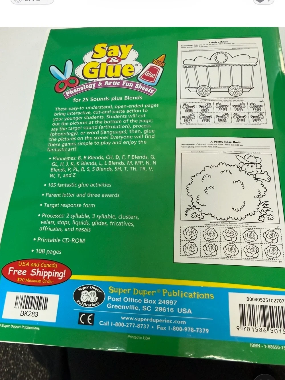 Super Duper Publications Say & Glue Phonology & Artic Fun Sheets Speech Therapy
